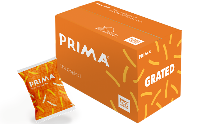 A box of Prima Cheese with a bag of grated cheese in front